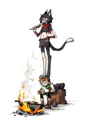 Rule 34 | 1boy, 1girl, animal ears, animal feet, backpack, bag, beer mug, bonfire, cat ears, cat girl, cat tail, chilchuck tims, crop top, cup, dinolich, dungeon meshi, halfling, highres, izutsumi, monster girl, mug, red scarf, scarf, sitting, standing, standing on another, tail, twitter username