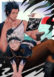 Rule 34 | 2boys, age difference, asta (black clover), black bulls (emblem), black clover, black hair, book, boots, capelet, cigarette, doufujintianxianle, facial hair, floating, floating object, goatee, green eyes, grey hair, grin, implied yaoi, long sideburns, looking at viewer, lying on person, male focus, mature male, multiple boys, muscular, muscular male, mustache, red eyes, short hair, sideburns, single bare shoulder, size difference, smile, stubble, tank top, uniform, white tank top, yami sukehiro