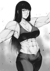 Rule 34 | 1girl, abs, absurdres, biceps, breasts, cleavage, collarbone, commentary, cowboy shot, english commentary, eyepatch, greyscale, highres, jormungand (manga), large breasts, long hair, looking at viewer, medical eyepatch, midriff, monochrome, muscular, muscular female, navel, outstretched arms, pants, parted lips, sofia valmer, solo, speedl00ver, sports bra, spread arms, stomach, thick thighs, thighs