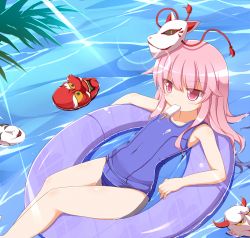 Rule 34 | 1girl, alternate hairstyle, blush, child, covered navel, expressionless, flat chest, food, fox mask, hata no kokoro, innertube, long hair, mask, nikku (ra), one-piece swimsuit, oni mask, pink eyes, pink hair, popsicle, revision, school swimsuit, solo, swim ring, swimsuit, thighs, touhou, water