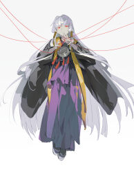 Rule 34 | 1girl, black socks, empty eyes, expressionless, floating, full body, grey background, grey hair, hair tubes, hands up, haori, highres, japanese clothes, kimono, long hair, long sleeves, looking at viewer, lucaxu1991, no pupils, okobo, parted lips, purple kimono, raging loop, red eyes, sandals, simple background, socks, solo, stole, string, string around finger, string of fate, uematsu rikako, very long hair