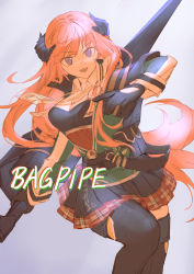 Rule 34 | 1girl, :d, arknights, bagpipe (arknights), black gloves, black skirt, black thighhighs, breasts, character name, collared shirt, dragon horns, gloves, green jacket, highres, holding, holding weapon, horns, huge weapon, jacket, leg up, long hair, long sleeves, looking at viewer, medium breasts, miniskirt, multicolored clothes, multicolored skirt, open clothes, open jacket, open mouth, orange hair, plaid, plaid skirt, purple eyes, red skirt, running, shirt, simple background, skirt, smile, solo, thighhighs, v-shaped eyebrows, very long hair, wangkoooo, weapon, white background, white shirt