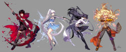 Rule 34 | 4girls, animal ears, black hair, blake belladonna, blonde hair, blue eyes, boots, cape, cat ears, corset, cross-laced footwear, dress, ein lee, frilled dress, frills, full body, gradient hair, grey eyes, highres, holding, holding sword, holding weapon, katana, lace-up boots, long hair, long sleeves, multicolored hair, multiple girls, official art, ponytail, prosthesis, prosthetic arm, puffy short sleeves, puffy sleeves, purple eyes, rapier, red cape, red eyes, red hair, ribbon, single mechanical arm, ruby rose, rwby, scar, scar across eye, scar on face, scythe, short hair, short sleeves, side ponytail, skirt, standing, standing on one leg, sword, thighhighs, two-handed, two-tone hair, wavy hair, weapon, weiss schnee, white hair, yang xiao long, yellow eyes