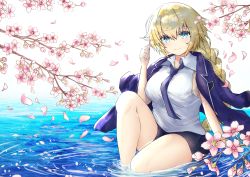 Rule 34 | 1girl, absurdres, black shorts, blonde hair, blue eyes, blue jacket, blue necktie, braid, branch, breasts, cherry blossoms, closed mouth, collared shirt, commentary request, fate/apocrypha, fate (series), highres, jacket, jacket on shoulders, jeanne d&#039;arc (fate), jeanne d&#039;arc (girl from orleans) (fate), jeanne d&#039;arc (ruler) (fate), long hair, long sleeves, looking at viewer, medium breasts, necktie, nuts (hazel-nuts), open clothes, open jacket, outdoors, petals, ripples, shallow water, shirt, short shorts, shorts, single braid, sitting, smile, solo, spring (season), very long hair, water, white shirt