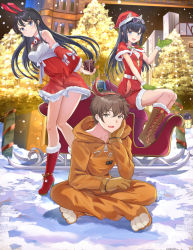 Rule 34 | 1boy, 2girls, :d, animal costume, animal ears, antlers, azusagawa sakuta, bare shoulders, black hair, blue eyes, blush, boots, box, brown eyes, brown footwear, brown gloves, brown hair, brown hairband, building, capelet, christmas lights, closed mouth, commentary, cross-laced footwear, detached sleeves, dress, eyewear on head, fake animal ears, fake antlers, fur-trimmed boots, fur-trimmed capelet, fur-trimmed dress, fur-trimmed gloves, fur-trimmed legwear, fur-trimmed sleeves, fur trim, gift, gift box, gloves, green gloves, hair ornament, hairband, hairclip, hat, highres, holding, holding gift, horns, lace-up boots, lantern, long hair, long sleeves, looking at viewer, makinohara shouko, mosta (lo1777789), multiple girls, night, open mouth, outdoors, red capelet, red dress, red headwear, red legwear, red sleeves, reindeer antlers, reindeer costume, sakurajima mai, santa costume, santa hat, seishun buta yarou, sitting, sleigh, smile, standing, symbol-only commentary, tree, very long hair, wide sleeves