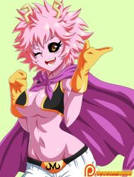 Rule 34 | 10s, 1girl, ;d, alternate costume, ashido mina, bare shoulders, black sclera, boku no hero academia, breasts, cape, colored sclera, colored skin, cosplay, dragon ball, gloves, highres, horns, lewdamone, looking at viewer, majin buu, majin buu (cosplay), medium breasts, navel, one eye closed, open mouth, patreon username, pink hair, pink skin, purple cape, short hair, smile, solo, stomach, teeth, trait connection, underboob, yellow eyes, yellow gloves