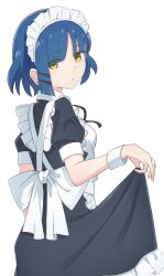Rule 34 | 1girl, absurdres, alternate costume, apron, black dress, blue hair, bocchi the rock!, closed mouth, commentary request, cowboy shot, dress, enmaided, frilled apron, frills, from behind, highres, light smile, looking at viewer, looking back, maid, maid apron, maid headdress, mimori (mimori 05), mole, mole under eye, puffy short sleeves, puffy sleeves, short hair, short sleeves, simple background, skirt hold, solo, standing, white apron, white background, wrist cuffs, yamada ryo, yellow eyes