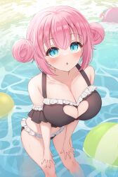 Rule 34 | 1girl, :o, absurdres, aqua eyes, armband, ball, bare shoulders, beachball, bikini, black armband, black bikini, blush, bocchi the rock!, breasts, cleavage, cleavage cutout, clothing cutout, collarbone, commentary request, double bun, frilled armband, frilled bikini, frills, gotoh hitori, gotoh hitori (tsuchinoko), hair between eyes, hair bun, hands on own legs, heart cutout, highres, huge breasts, leaning forward, looking at viewer, pink hair, solo, swimsuit, thighs, wading, water, yukiunag1