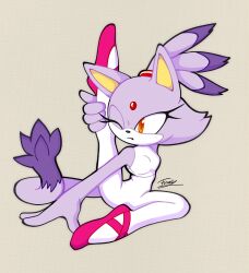 Rule 34 | 1girl, absurdres, blaze the cat, bodysuit, cat girl, cat tail, eyelashes, forehead jewel, furdy, furry, furry female, highres, one eye closed, ponytail, purple fur, simple background, sitting, sonic (series), stretching, tail, white bodysuit