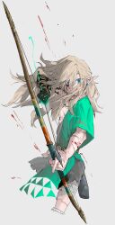 Rule 34 | 1boy, absurdres, archaic set (zelda), arrow (projectile), black shorts, blood, blood on face, bow (weapon), chinese commentary, commentary request, cropped legs, earrings, floating hair, from side, green tunic, hair between eyes, highres, holding, holding arrow, holding bow (weapon), holding weapon, jewelry, kaninn, link, long hair, looking at viewer, male focus, nintendo, pointy ears, scar, scar on chest, shorts, simple background, solo, the legend of zelda, the legend of zelda: tears of the kingdom, torn clothes, torn shorts, weapon, white background