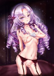 Rule 34 | 1girl, absurdres, artist request, blush, breasts, covering privates, covering breasts, covering crotch, drill hair, highres, hyakumantenbara salome, long hair, looking at viewer, nijisanji, nipples, nude, open mouth, purple eyes, purple hair, pussy, solo, thighhighs, virtual youtuber