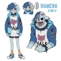 Rule 34 | 1boy, :3, blue hair, blue jacket, blue skin, blush stickers, character name, closed mouth, collar, colored skin, da huang, fang, jacket, missing eye, multicolored hair, multiple views, musical note, open mouth, personification, red eyes, romero (zombie land saga), saga prefecture, sharp teeth, shoes, short hair, shorts, simple background, smile, socks, spiked collar, spikes, teeth, two-tone hair, white background, zombie land saga