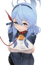 Rule 34 | 1girl, absurdres, ako (blue archive), bell, blue archive, blue eyes, blue hair, blush, breasts, chirpy, collar, from above, hair between eyes, halo, heart, heart-shaped pupils, highres, jacket, large breasts, leash, long hair, long sleeves, looking at viewer, sideboob, simple background, solo, symbol-shaped pupils, upturned eyes, v arms, viewer holding leash, white background