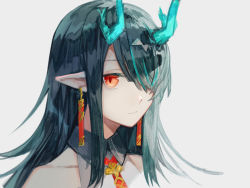 Rule 34 | 1girl, arknights, black collar, black hair, china dress, chinese clothes, collar, commentary, dragon horns, dress, dusk (arknights), ear piercing, expressionless, green hair, grey background, hair over one eye, horns, looking at viewer, miike (992058), multicolored hair, necktie, piercing, pointy ears, portrait, red eyes, red necktie, simple background, sleeveless, sleeveless dress, solo, streaked hair, white background, white dress
