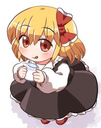 Rule 34 | 1girl, :q, black skirt, blonde hair, blush, bow, closed mouth, cup, dot nose, drink, drinking glass, frilled shirt collar, frills, from above, from side, full body, hair between eyes, hair bow, hands up, holding, holding cup, licking lips, long sleeves, looking at viewer, looking to the side, looking up, milk, petticoat, puffy long sleeves, puffy sleeves, red bow, red eyes, red footwear, rokugou daisuke, rumia, shadow, short hair, signature, simple background, skirt, smile, solo, standing, tareme, tongue, tongue out, touhou, white background