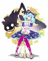 Rule 34 | 1girl, blue hair, candle, chair, choker, colored sclera, detached sleeves, dress, heart, heart-shaped pupils, high heels, original, pantyhose, purple pantyhose, red sclera, ririkuto, shoes, sitting, solo, symbol-shaped pupils, yellow eyes
