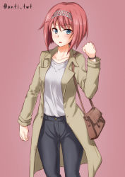 Rule 34 | 1girl, alternate costume, anti (untea9), ark royal (kancolle), arm at side, bag, black pants, blue eyes, blush, brown coat, casual, coat, collarbone, grey hairband, grey shirt, hairband, hand up, handbag, highres, kantai collection, long hair, long sleeves, looking at viewer, open clothes, open coat, pants, pink background, red hair, shirt, shirt tucked in, short hair, shoulder bag, simple background, solo, standing, twitter username, wristband