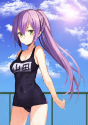 Rule 34 | 1girl, chain-link fence, cloud, covered navel, day, fence, green eyes, lens flare, long hair, looking at viewer, midorikawa you, name tag, one-piece swimsuit, original, ponytail, purple hair, school swimsuit, sky, solo, sun, swimsuit, wet