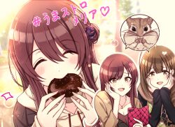 3girls ^_^ absurdres alstroemeria_(idolmaster) animal blush brown_eyes brown_hair cellphone character_hair_ornament closed_eyes debi_tarou donut eating food hair_bun hair_ornament hand_on_own_face hands_on_own_face highres holding holding_food holding_phone idolmaster idolmaster_shiny_colors image_in_speech_bubble kusaka_io kuwayama_chiyuki long_hair looking_at_phone multiple_girls open_mouth osaki_amana osaki_tenka phone single_side_bun smartphone speech_bubble squirrel swept_bangs translated