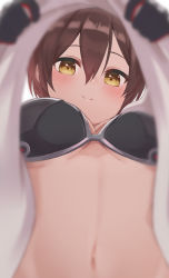Rule 34 | 1girl, absurdres, ayama nano, black bra, blurry, blurry foreground, bra, breasts, brown hair, clothes lift, from below, hair between eyes, highres, hololive, lifting own clothes, looking at viewer, looking down, medium breasts, midriff, navel, roboco-san, roboco-san (high-spec t-shirt), shirt, shirt lift, short hair, solo, underwear, upshirt, virtual youtuber, white shirt, yellow eyes