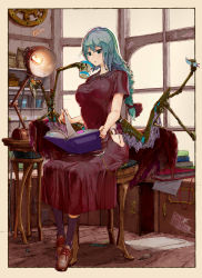 Rule 34 | 1girl, absurdres, black legwear, blowing, blue eyes, blue hair, book, book stack, bookmark, border, braid, brown footwear, croriin, cup, dress, feathers, full body, hatching (texture), highres, holding, holding book, lamp, light bulb, long braid, long hair, mechanical arms, o-ring, original, outside border, paper, reading, screw, seed bag, shoelaces, sitting, solo, steam, tools, turning page, white border