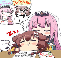 Rule 34 | &gt; &lt;, &gt;o&lt;, 2girls, :3, black cloak, blush, blush stickers, bone hair ornament, book, braid, brown hair, chibi, clapping, cloak, closed eyes, closed mouth, commentary, dog, drooling, english commentary, english text, fang, hair ornament, holding, holding pencil, hololive, hololive english, imagining, inugami korone, inugami korone (1st costume), long hair, matarou (matarou072), medium hair, mixed-language commentary, mori calliope, multiple girls, multiple views, open mouth, paper, pencil, pink hair, side braids, simple background, smile, spikes, thought bubble, tiara, twin braids, veil, virtual youtuber, white background, wristband, writing, zzz