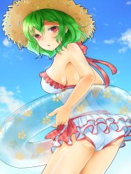 Rule 34 | 1girl, alternate costume, ass, bad id, bad pixiv id, blue sky, blush, breasts, casual one-piece swimsuit, cloud, colored eyelashes, day, frilled swimsuit, frills, green hair, hat, highres, innertube, kazami yuuka, large breasts, looking at viewer, looking back, one-piece swimsuit, open mouth, red eyes, shironeko yuuki, short hair, sky, solo, straw hat, sun hat, swim ring, swimsuit, touhou, white one-piece swimsuit
