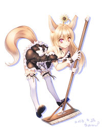 Rule 34 | 1girl, ahoge, animal ears, bare shoulders, blonde hair, detached collar, ecell, elin, flower, fox ears, fox tail, full body, gloves, hair flower, hair ornament, maid, mary janes, mop, purple eyes, shoes, simple background, solo, tail, tera online, thighhighs, white background, white gloves, white thighhighs