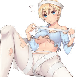 Rule 34 | 1girl, bandages, blonde hair, blue eyes, brave witches, breasts, crotch seam, flying sweatdrops, looking at viewer, midriff, momiji7728, navel, nikka edvardine katajainen, pantyhose, short hair, sitting, smile, solo, sweatdrop, torn clothes, torn pantyhose, underboob, wavy mouth, white pantyhose, world witches series