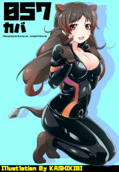 Rule 34 | 10s, 1girl, animal ears, bad id, bad pixiv id, black hair, breasts, character name, cleavage, commentary request, full body, gloves, hippopotamus (kemono friends), hippopotamus ears, kemono friends, kneeling, kurosawa (kurosawakyo), large breasts, latex, long hair, multicolored hair, open mouth, solo, tail, translated