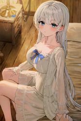 Rule 34 | 1girl, blue eyes, blush, breasts, cleavage, collarbone, dress, grey hair, highres, large breasts, long hair, long sleeves, looking at viewer, open clothes, open shirt, original, shirt, sitting, solo focus, sonchi, white dress, white shirt