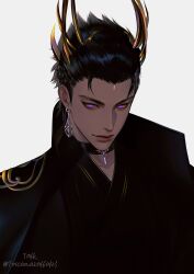 1boy artist_name black_choker black_hair black_robe character_request choker closed_mouth earrings hair_ornament highres jewelry looking_at_viewer male_focus nishui_han purple_eyes robe short_hair simple_background solo thick_lips toscana20460423 tsurime twitter_username upper_body white_background