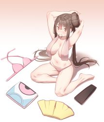 Rule 34 | 1girl, absurdres, adjusting hair, barefoot, blush, bra, breasts, bright pupils, brown eyes, brown hair, commentary, creatures (company), full body, game freak, hair tie in mouth, highres, knees, long hair, matdoljangin, mouth hold, navel, nintendo, panties, pantyhose, pokemon, pokemon bw2, rosa (pokemon), sitting, skirt, solo, toes, towel, towel around neck, underwear, unworn bra, unworn pantyhose, unworn shirt, unworn skirt, very long hair, white pupils