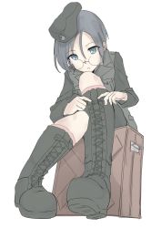 Rule 34 | 10s, 1girl, beret, black footwear, black hat, black jacket, black skirt, blue eyes, boots, briefcase, cross-laced footwear, emblem, foreshortening, full body, girls und panzer, glasses, grey hair, hat, highres, jacket, lace-up boots, leaning forward, long sleeves, looking at viewer, military, military hat, military uniform, one-hour drawing challenge, parted lips, pirapirapirapira, round eyewear, rumi (girls und panzer), selection university military uniform, shoes, short hair, simple background, sitting, skirt, solo, tying shoes, uniform, white background