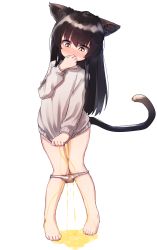 Rule 34 | 1girl, absurdres, animal ears, bad id, bad pixiv id, barefoot, black hair, blush, bottomless, cat ears, cat tail, clothes tug, covering own mouth, embarrassed, female focus, flat chest, full body, grey sweater, hand up, highres, knees together feet apart, kosobin, long hair, long sleeves, looking down, nose blush, original, oversized clothes, panties, panty pull, pee, peeing, peeing self, pouring through panties, puddle, simple background, solo, standing, sweater, sweater tug, tail, underwear, wet, wet clothes, wet panties, white background, white panties, yellow eyes