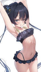 Rule 34 | 1girl, absurdres, alternate costume, arms up, bikini, black bikini, black hair, blue archive, blush, butterfly hair ornament, cowboy shot, floral print bikini, frilled bikini, frills, grey eyes, grey halo, hair ornament, halo, highres, kisaki (blue archive), long hair, looking at viewer, madai (mappy), navel, open mouth, simple background, solo, stomach, swimsuit, twintails, white background