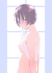 Rule 34 | 1girl, blue eyes, blush, bottomless, breasts, brown hair, camisole, clothes in mouth, day, from side, half-closed eyes, highres, indoors, lifted by self, looking at viewer, medium breasts, mouth hold, nipples, original, shirt in mouth, shoulder blades, solo, tanakomu, white camisole, window