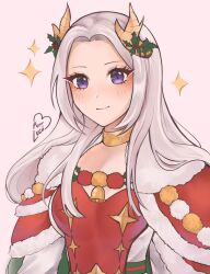 Rule 34 | 1girl, artist name, bell, breasts, cape, dress, edelgard von hresvelg, edelgard von hresvelg (snowfall future), fake horns, fire emblem, fire emblem: three houses, fire emblem heroes, gold choker, highres, horns, long hair, looking at viewer, neck bell, nintendo, official alternate costume, purple eyes, purrlucii, red cape, red dress, small breasts, smile, solo, star (symbol), white background, white hair