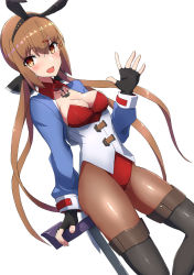 Rule 34 | 1girl, :d, adapted costume, animal ears, black bow, black footwear, black gloves, boots, bow, brown eyes, brown hair, brown thighhighs, comala (komma la), fake animal ears, fingerless gloves, gloves, hair between eyes, hair bow, hair ornament, hairclip, highres, kantai collection, leotard, long hair, long sleeves, low twintails, open mouth, pantyhose, playboy bunny, rabbit ears, red leotard, simple background, smile, solo, tashkent (kancolle), thigh boots, thighhighs, twintails, white background