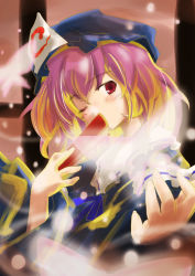 Rule 34 | 1girl, blue dress, blush, bug, butterfly, closed mouth, dress, dust, female focus, hat, bug, loki, long sleeves, looking at viewer, magic, mob cap, outstretched arm, pink eyes, pink hair, ploki, saigyouji yuyuko, solo, touhou, triangular headpiece, upper body