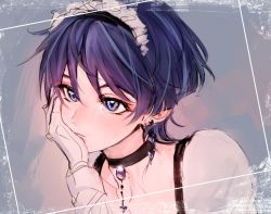 Rule 34 | 1boy, anonymous 12f, blue eyes, blue hair, choker, closed mouth, crossdressing, gem, genshin impact, gloves, hand on own face, looking to the side, maid headdress, scaramouche (genshin impact), trap, white gloves