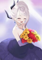 Rule 34 | 1girl, absurdres, black horns, blue archive, blush, bouquet, closed eyes, demon horns, dress, earrings, elbow gloves, flower, genso (thereisnosauce), gloves, grey hair, highres, hina (blue archive), hina (dress) (blue archive), holding, holding bouquet, horns, jewelry, long hair, multiple horns, necklace, open mouth, pendant, purple dress, purple gloves, red flower, smile, solo, strapless, strapless dress, yellow flower