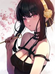Rule 34 | 1girl, atychi, bare shoulders, black choker, black dress, black hair, blood, blood splatter, blush, breasts, choker, cleavage, dagger, dress, gold hairband, hairband, highres, holding, holding weapon, knife, looking at viewer, medium breasts, nail polish, parted lips, red eyes, red nails, short hair with long locks, sidelocks, sleeveless, sleeveless dress, solo, spy x family, stiletto (weapon), upper body, weapon, white background, yor briar
