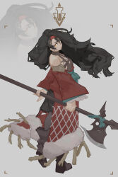 Rule 34 | 18660081532, 1girl, absurdres, arm behind back, back slit, bare shoulders, black hair, blue ribbon, boots, breasts, chinese commentary, dress, from behind, full body, fur-trimmed dress, fur trim, grey background, headband, highres, holding, holding polearm, holding weapon, knee boots, long hair, long sleeves, looking at viewer, looking back, medium breasts, off-shoulder dress, off shoulder, orange eyes, original, parted lips, polearm, red dress, red headband, ribbon, simple background, solo, standing, tachi-e, thighhighs, two-handed, weapon, wide sleeves
