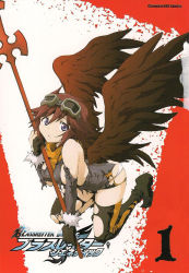 Rule 34 | 00s, 1girl, angel wings, bent over, between breasts, blassreiter, blue eyes, boots, breasts, cover, detached sleeves, female focus, full body, gloves, goggles, highres, hirose shuu, jpeg artifacts, kneeling, non-web source, open mouth, panties, red hair, scan, scan artifacts, short hair, sideboob, snow (blassreiter), solo, staff, thigh boots, thighhighs, torn clothes, underwear, white panties, wings