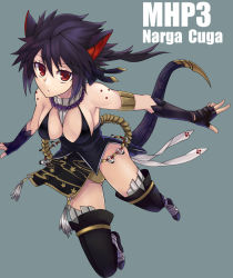 Rule 34 | 1girl, animal ears, ashita (2010), asita (2010), bad id, bad pixiv id, bare shoulders, black hair, capcom, elbow gloves, fingerless gloves, gloves, highres, jewelry, monster hunter (series), monster hunter portable 3rd, nargacuga, necklace, personification, red eyes, solo, tail, thighhighs