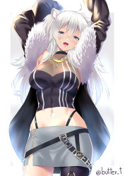 Rule 34 | 1girl, :d, ahoge, animal ears, arms up, bad id, bad twitter id, bare shoulders, black shirt, blush, breasts, butter-t, cleavage, fur-trimmed jacket, fur trim, grey eyes, grey hair, hair between eyes, hololive, jacket, jewelry, lion ears, lion girl, long hair, looking at viewer, midriff, necklace, open mouth, see-through, see-through cleavage, shirt, shishiro botan, shishiro botan (1st costume), smile, solo, virtual youtuber