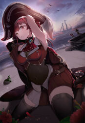 Rule 34 | 1girl, bird, black coat, black footwear, blue brooch, breasts, cleavage, coat, cropped jacket, detached collar, gloves, hat, highres, hololive, houshou marine, houshou marine (1st costume), jacket, large breasts, leotard, leotard under clothes, looking at viewer, neckerchief, nishizono shin, ocean, pink hair, pirate, pirate costume, pirate hat, pirate ship, pleated skirt, red eyes, red jacket, red neckerchief, red skirt, seagull, see-through, see-through cleavage, sidelocks, sitting, skirt, sky, sleeveless, sleeveless jacket, smile, thighhighs, twintails, virtual youtuber, wariza, white gloves
