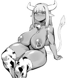 Rule 34 | 1girl, animal print, arm support, bad id, bad twitter id, bell, blunt bangs, blush, breasts, copyright request, cow girl, cow print, cow tail, cowbell, curvy, dark-skinned female, dark skin, greyscale, gs16 (chug), heart, heart-shaped pupils, huge breasts, jourjii, licking lips, monochrome, nipple hooks, nipples, nude, pointy ears, print thighhighs, simple background, sitting, solo, symbol-shaped pupils, tail, thick thighs, thighhighs, thighs, toned, tongue, tongue out, white background