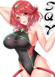 Rule 34 | black one-piece swimsuit, breasts, chest jewel, competition swimsuit, covered collarbone, gem, headpiece, highres, large breasts, one-piece swimsuit, pyra (pro swimmer) (xenoblade), pyra (xenoblade), red eyes, red hair, red one-piece swimsuit, ribbed swimsuit, sankakusui, short hair, strapless, strapless one-piece swimsuit, swept bangs, swimsuit, tiara, two-tone swimsuit, xenoblade chronicles (series), xenoblade chronicles 2